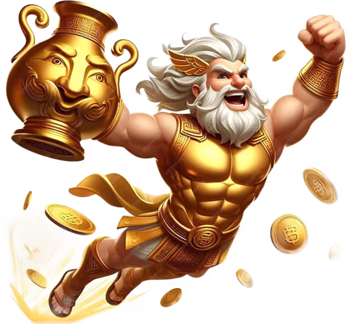 Zeus carrying a golden urn spilling coins, representing the ante bet