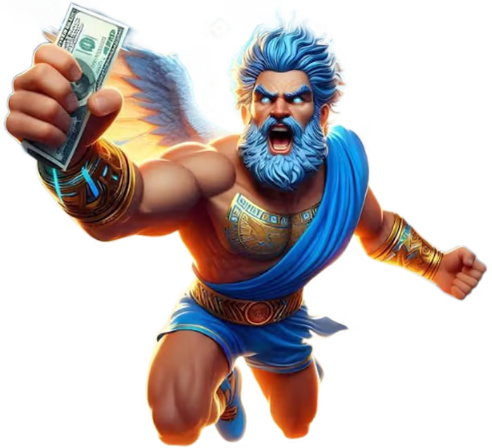 Zeus holding cash representing the free spins round