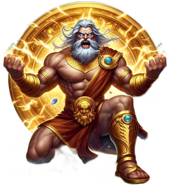 Zeus before a glowing golden disc representing multiplier symbols