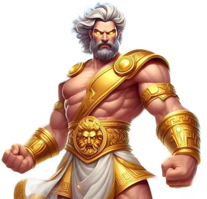 Zeus with clenched fists representing the tumble feature