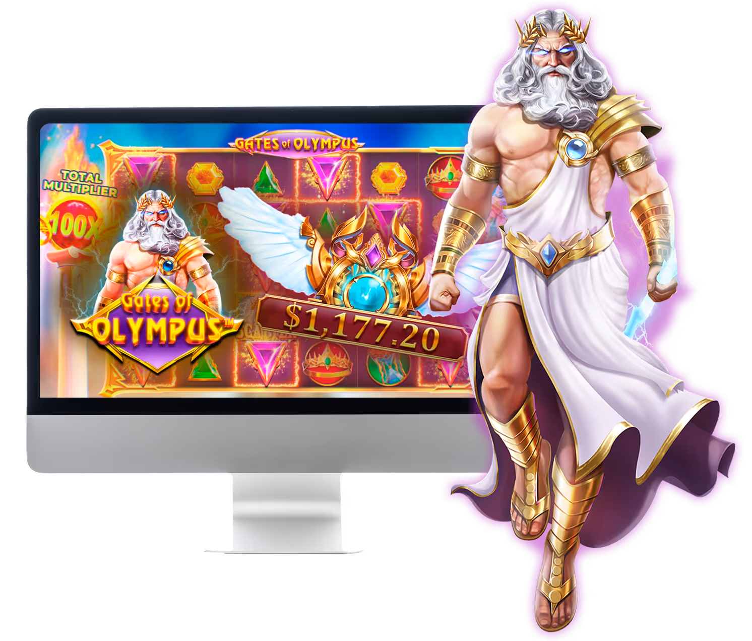 Gates of Olympus gameplay on a desktop monitor beside Zeus